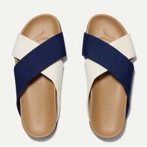 Rothy’s The Weekend Crossover Slide Sandals Navy Blue White Straps Size 9.5